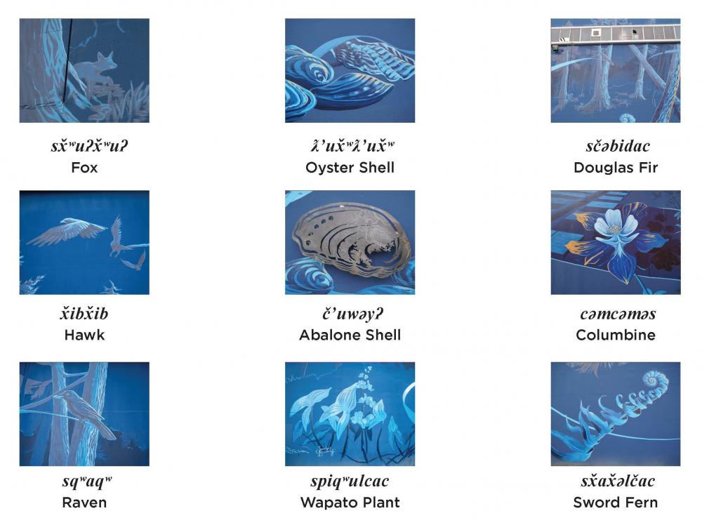 Native plants and animals featured in the mural with Twulshootseed language translation courtesy of the Puyallup Tribal Language Program. Mural detail photos courtesy of City of Tacoma.